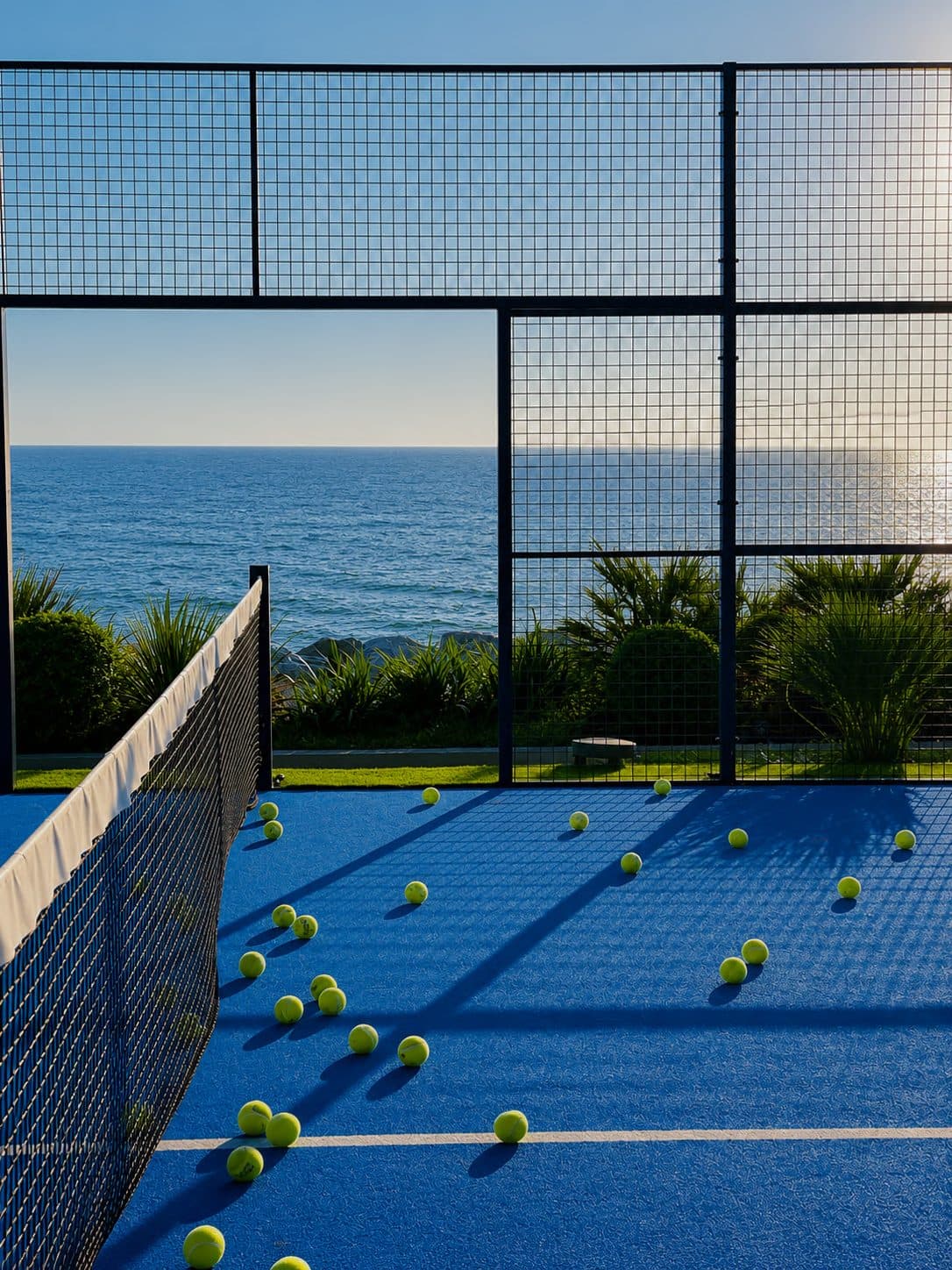 Padel balls scattered across a blue court by the sea