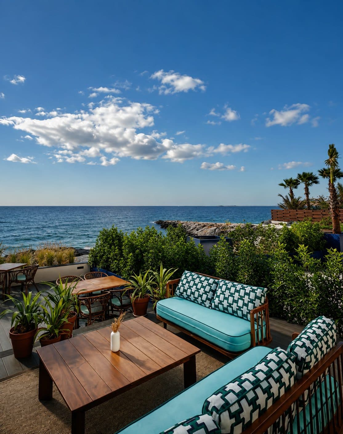 A quiet seafront lounge corner under an open sky