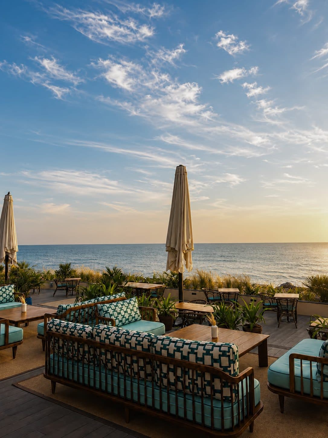 The seafront lounge terrace at sunset
